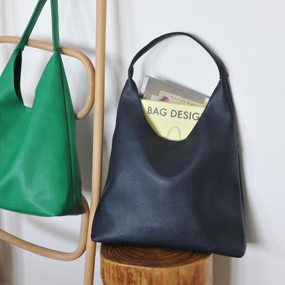 Women Navy Blue Imported Polyester Leather Hobo Soft Vegan Shoulder Tote Bags - Picture 3 of 6